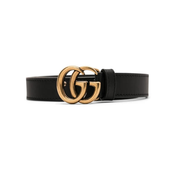 Gucci Double G Thin Leather Belt Antique Brass Buckle 0.8 Width Black DO60206017